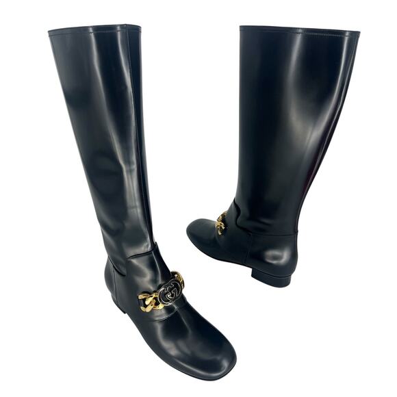 Gucci Interlocking GG Chain Patent Leather Knee Boots - Picture 5 of 16